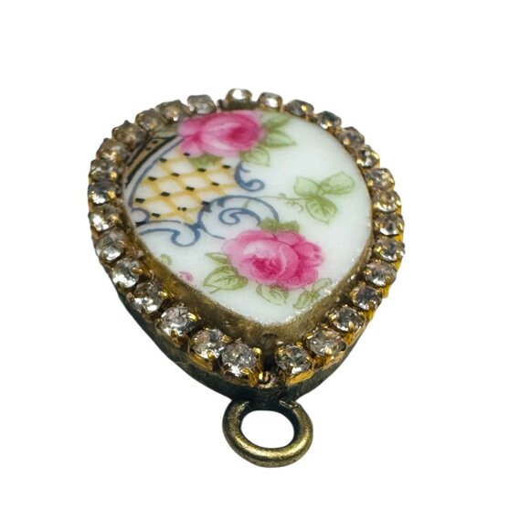 Vintage Bavaria Teardrop Porcelain Pendant With Pink Roses & Rhinestone Trim - Picture 9 of 10